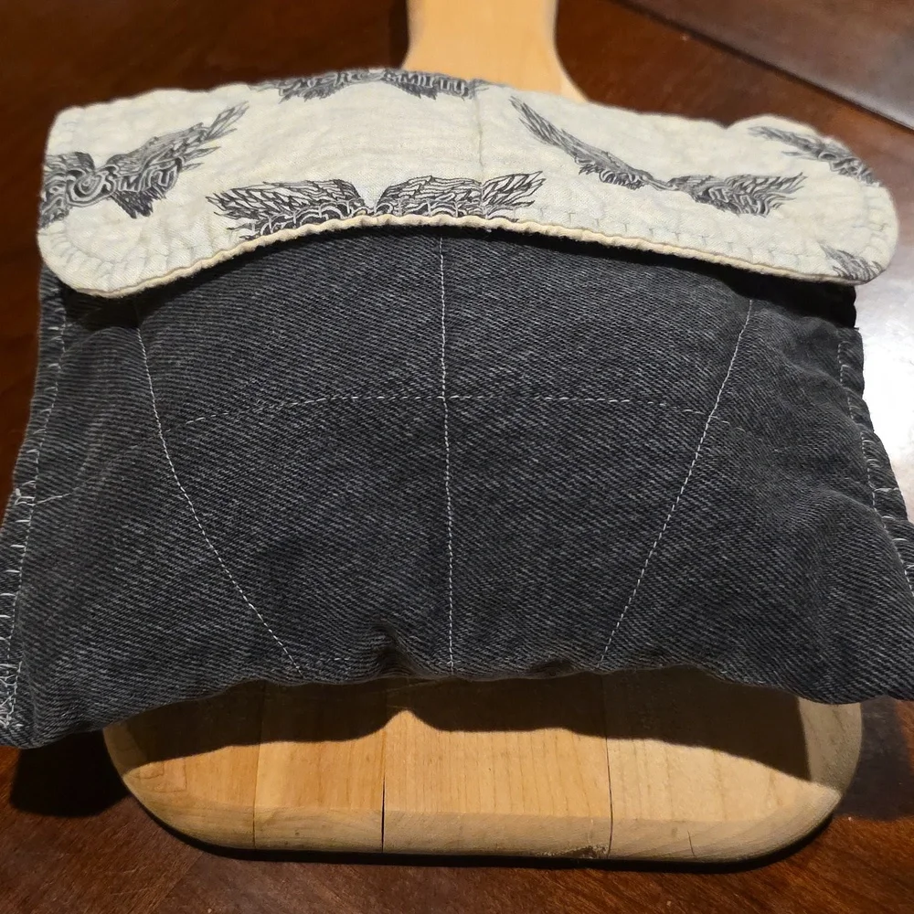 HAND CRAFTED Potato Pouch Microwave UPCYCLED Black Denim AEROSMITH 8 Inch